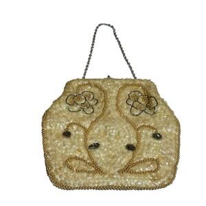 Vintage La Regale Ivory Beaded Sequin Evening Bag Purse - Mother of Pearl Inlay